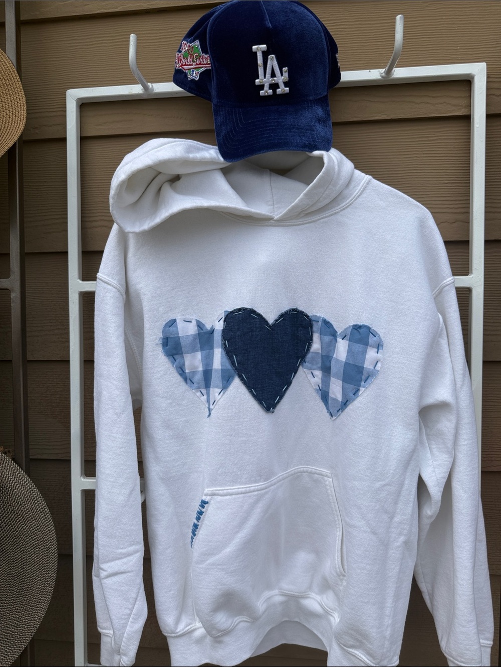 Womens White Hoodie with Blue Heart hand sewn heart stitching Appliqués